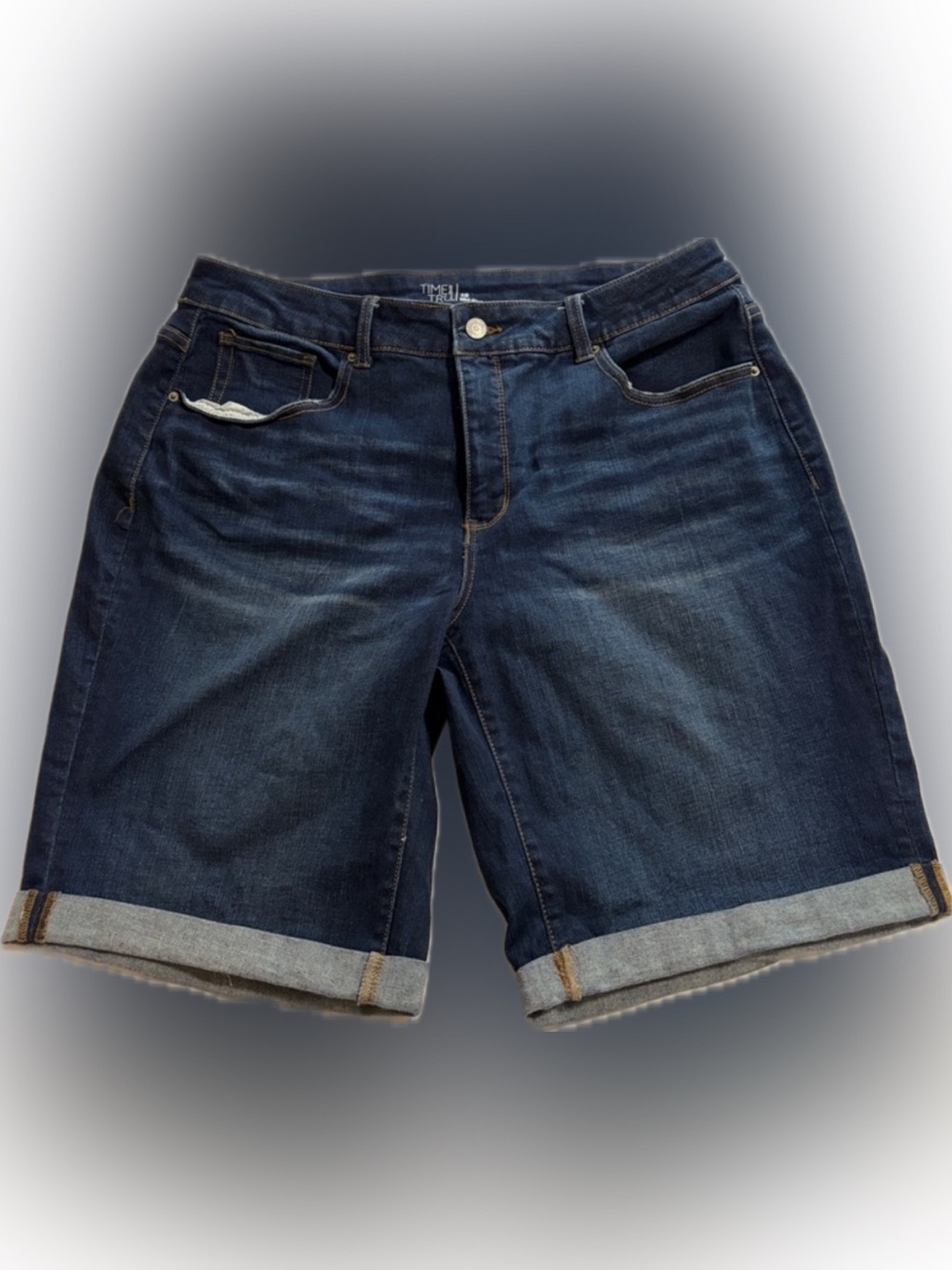 Time & Tru Dark Blue Rolled-Hem Denim Bermuda Shorts - Picture 2 of 7